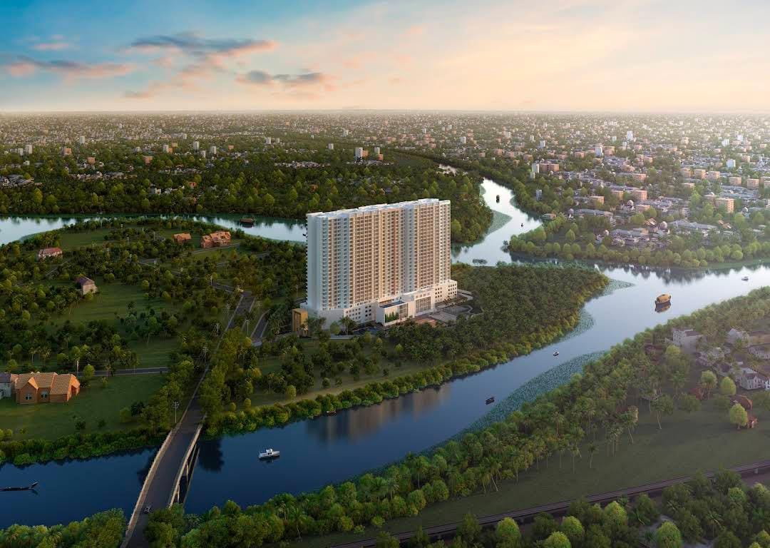 Aerial view of SOBHA Atlantis surrounded by the Kochi backwaters