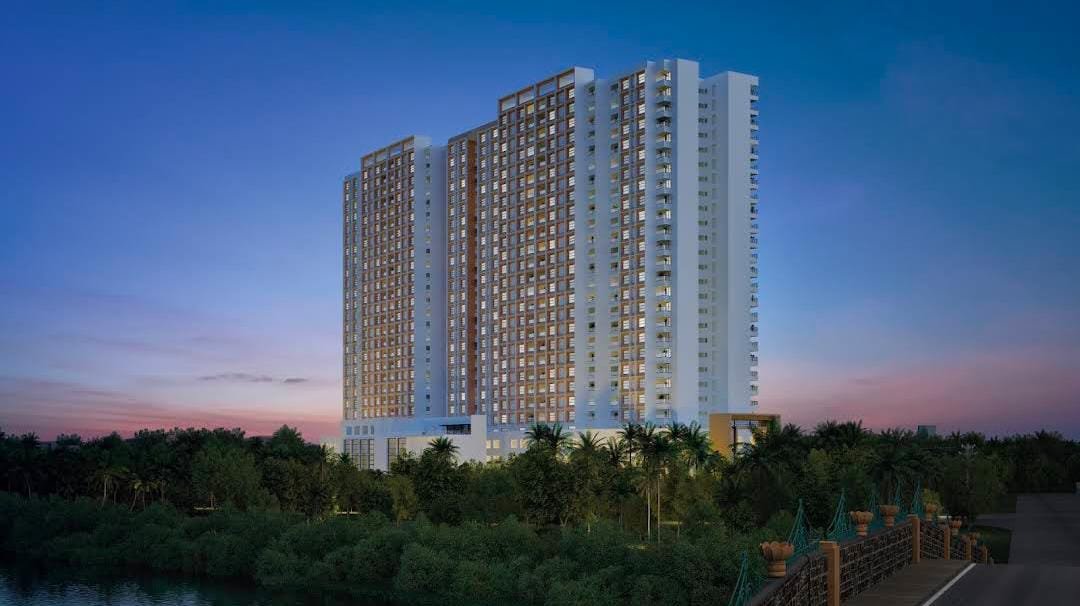 SOBHA Atlantis luxury waterfront residence tower at dusk, Silversand Island, Vyttila, Kochi